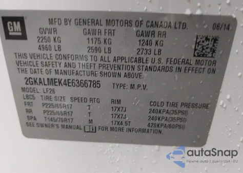 2014 GMC Terrain Sle z USA, uszkodzony, nr VIN 2GKALMEK4E6366785